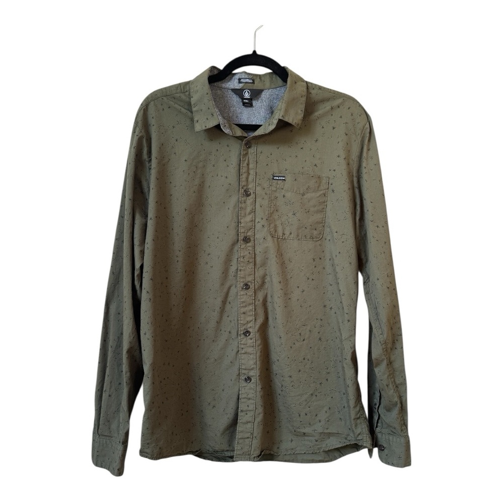 VOLCOM Men's Smashed Star Long Sleeve Button Up Military Green Modern Fit Shirt - Picture 12 of 13